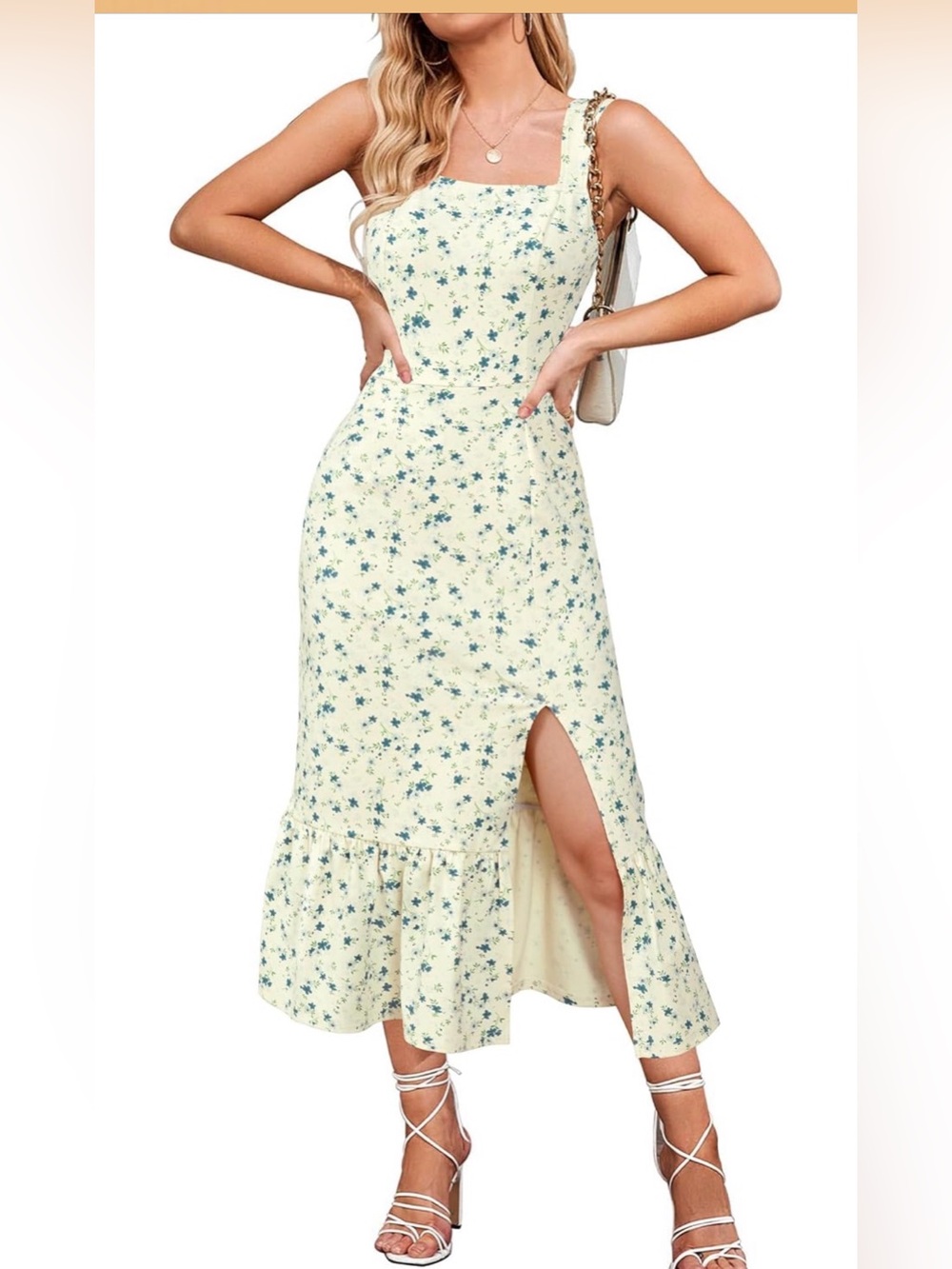 Amazon Cream Floral Ruffle-Hem Sundress with Blue Sprigs